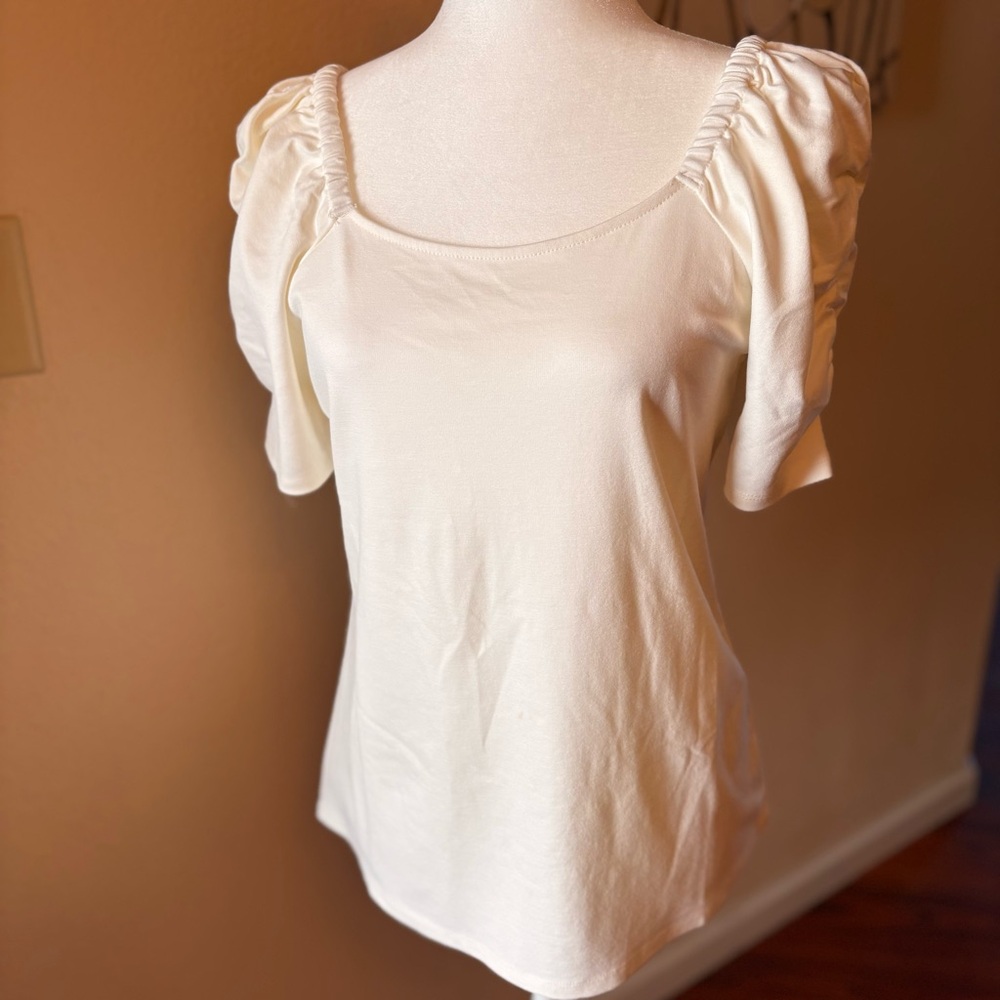All Worthy by Hunter McGrady Cream Ponte Knit Short Sleeve Top Size Medium - Picture 3 of 9
